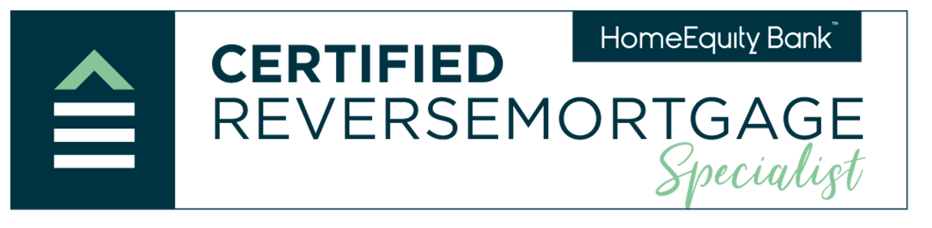 Logo for a certified reverse mortgage specialist from HomeEquity Bank, with a teal and white color scheme.