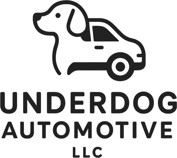 Black and white logo: dog head and car silhouette above 
