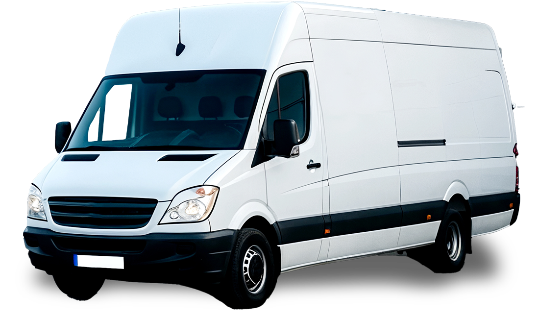 White cargo van on a road, with a black front bumper and side mirrors.