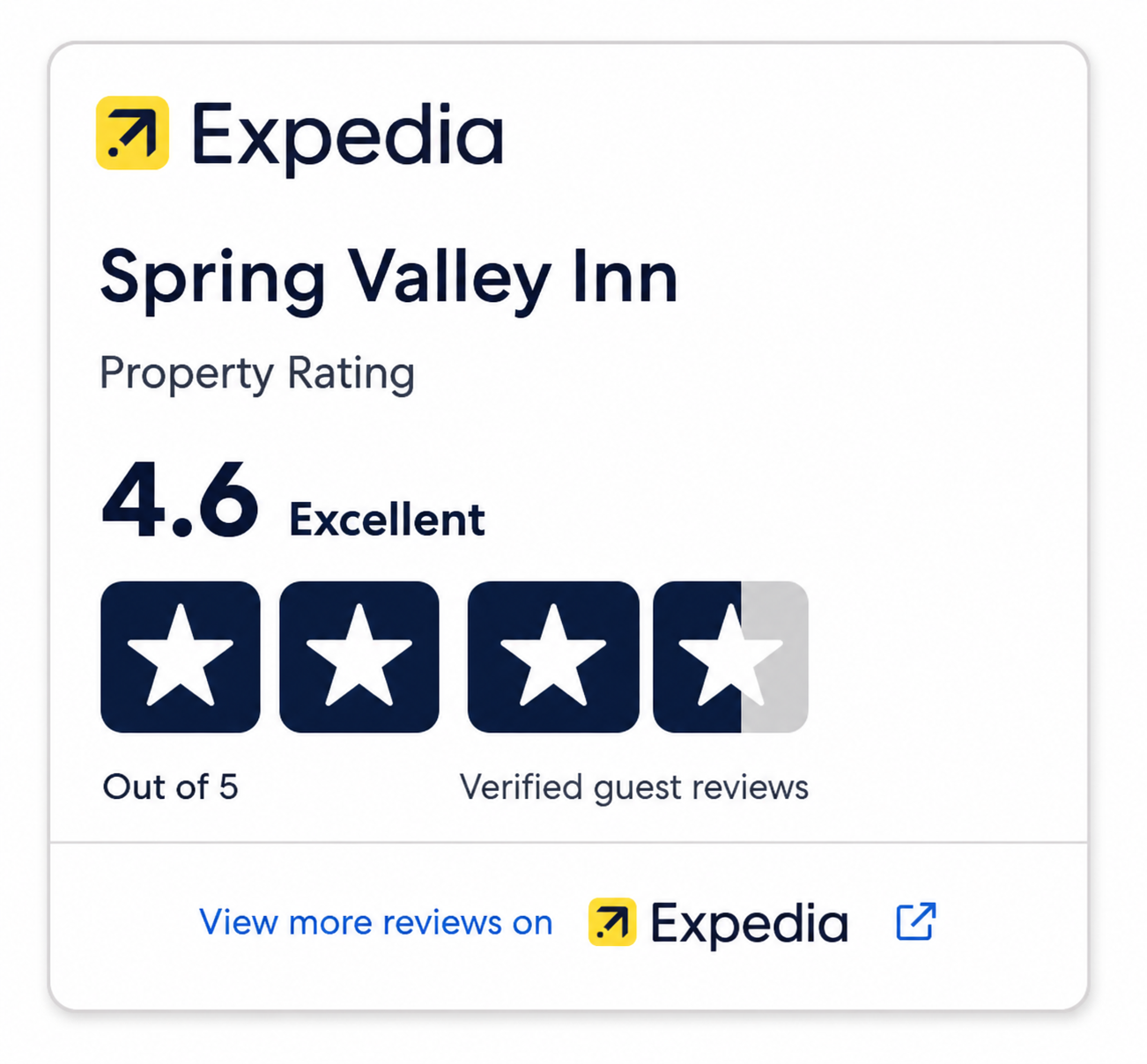 HotelsCombined badge: Spring Valley Inn, 9.2 rating, Recognition of Excellence 2021, blue and dark blue.