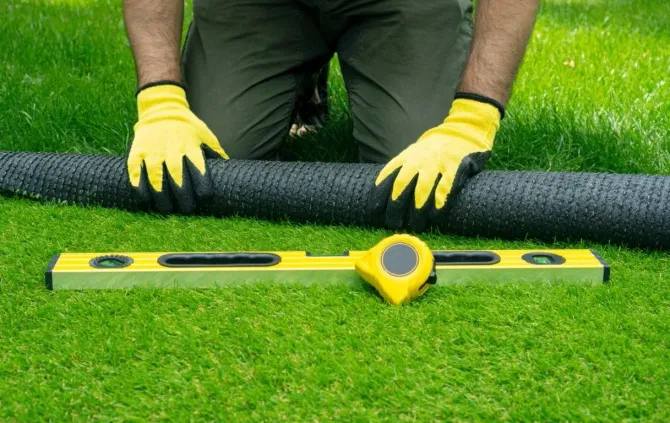 A person wearing yellow work gloves kneels on a grassy lawn, rolling out black landscape fabric near a yellow spirit level.