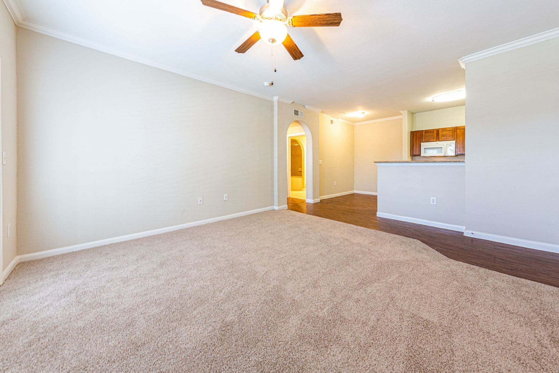 An empty living room with a ceiling fan and a carpeted floor at Marquis Grand Lakes in Richmond, TX.