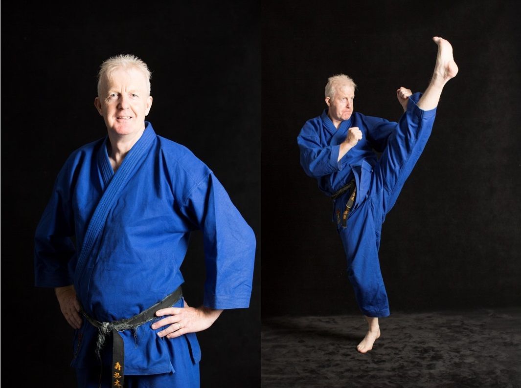 Graham Slater, in business attire and also his karate gi