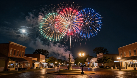 Fireworks bursting over a small town square at night, with illuminated buildings and streetlights below