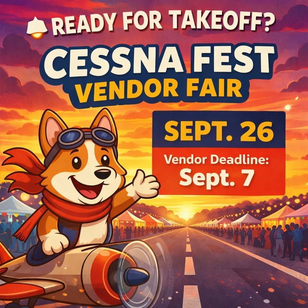 Cessna Fest vendor fair poster with dog pilot, runway sunset, Sept. 26 event and Sept. 7 vendor deadline