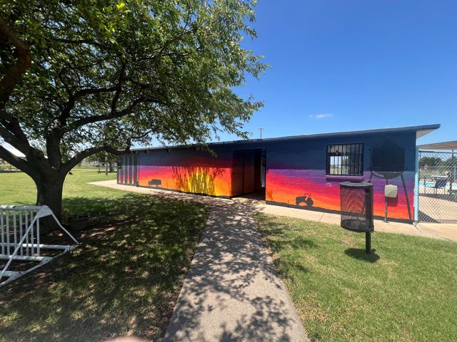 Colorful mural-covered building beside a tree and grassy lawn under a clear blue sky
