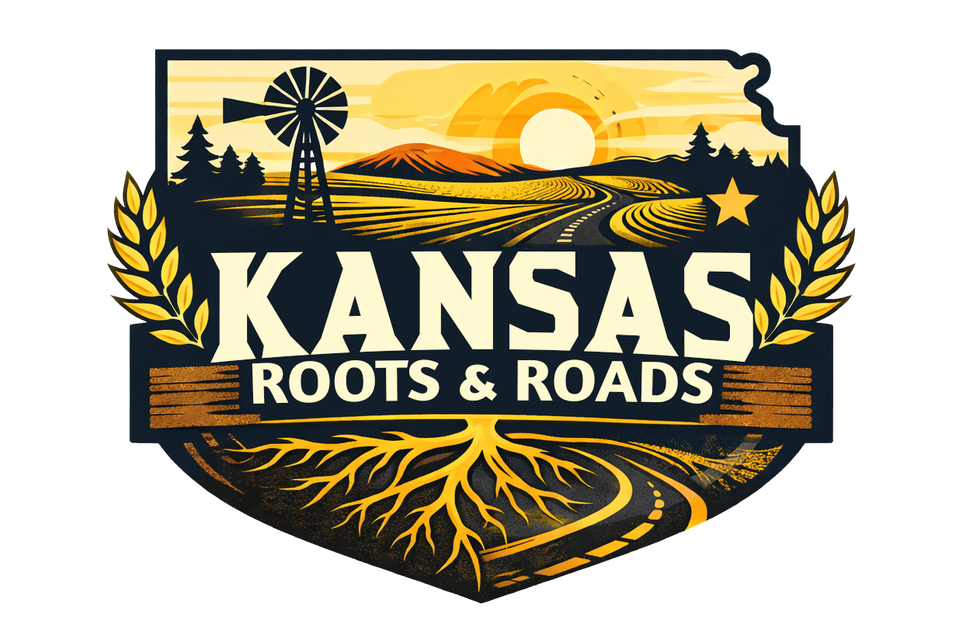Kansas Roots & Roads logo with sunrise, windmill, wheat, and Kansas outline on a black-and-gold shield
