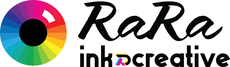 RaRa inkcreative logo with colorful circular emblem and black script text