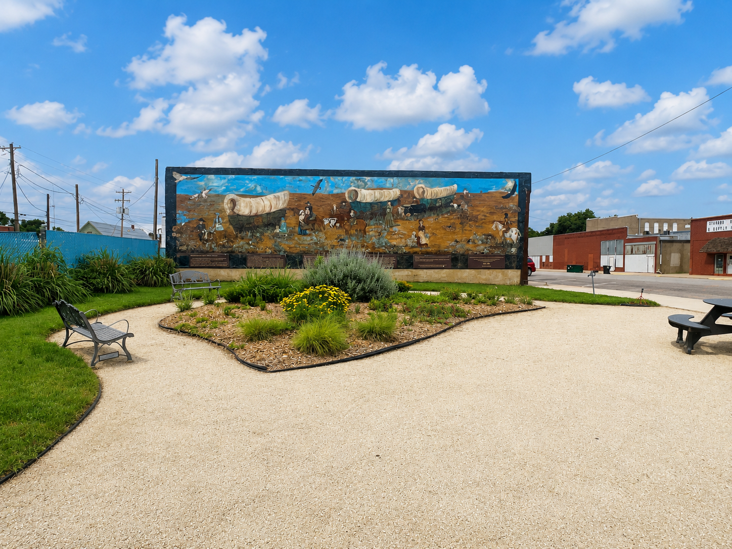 Landscaped courtyard with a large mural wall, gravel paths, benches, and blue sky with clouds