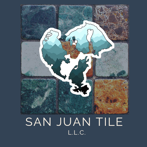 Logo of San Juan Tile LLC: black and green tile pattern inside a black diamond shape; text below.