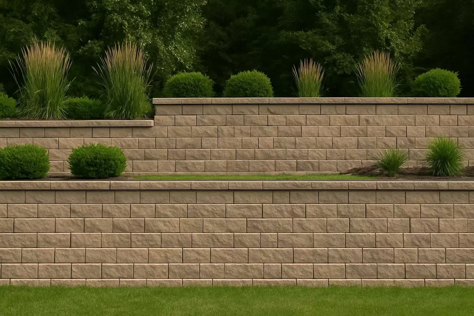 Tan brick retaining wall with tiered levels, grass, and green bushes and grasses.