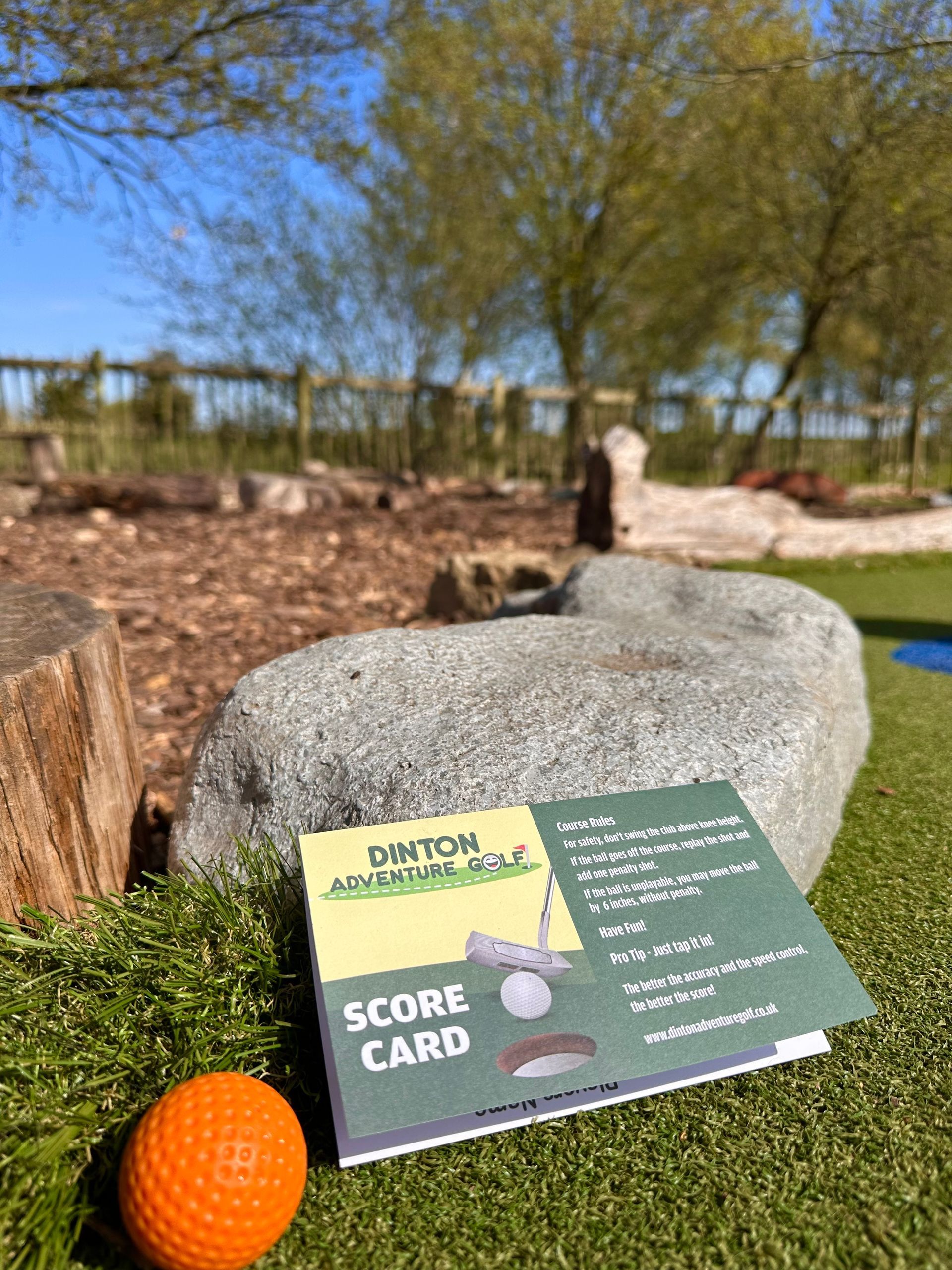 Mini golf scene: orange ball near score card on green grass. Stone in background; trees under a blue sky.