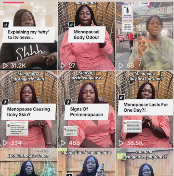 Grid of videos by a Black woman discussing menopause. Titles include body odor, itchy skin, and perimenopause signs.