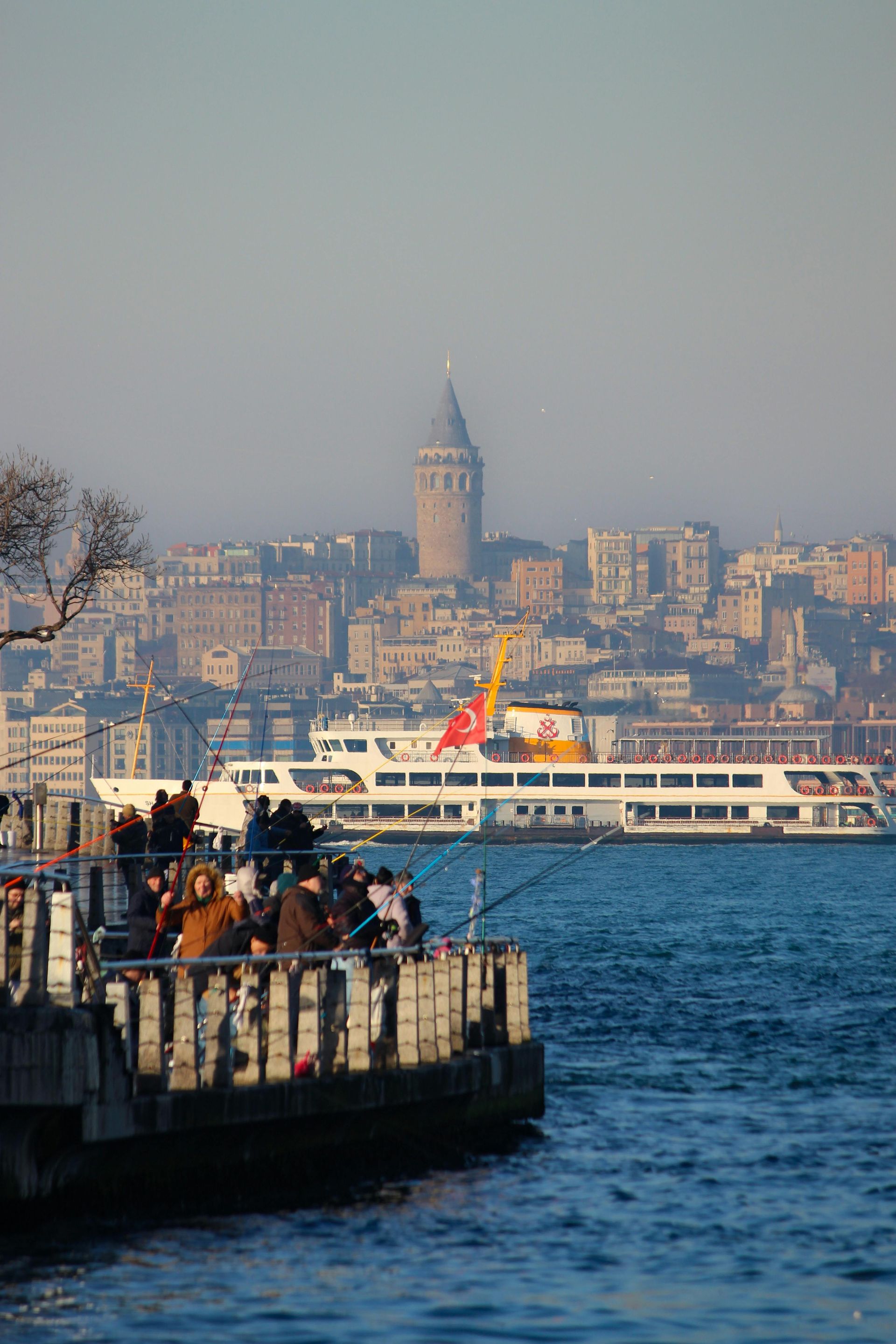 A group of people are fishing in the water with a city in the background.