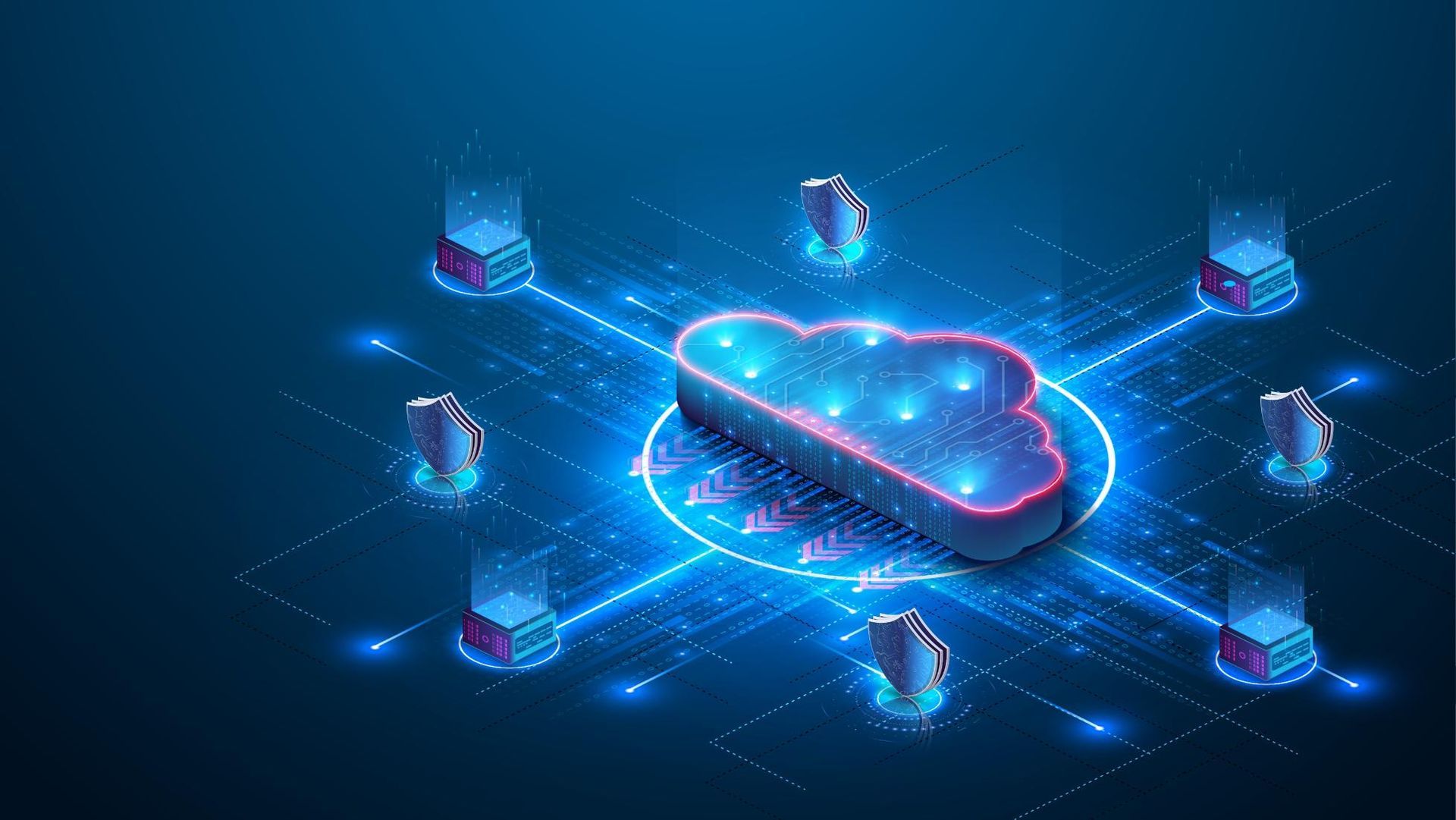 An Isometric Illustration of a Cloud Surrounded by Servers — River City Communications In Melinga, NSW