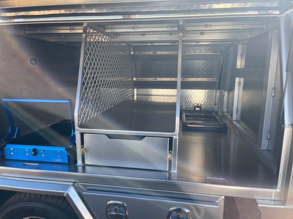 Open The Aluminum Canopy Of The Pick Up Vehicle — Wright's Welding Operations In Ryan, QLD