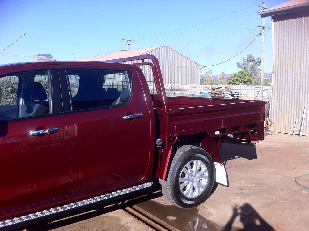 Red Pick Up Vehicle With Trailer Trays — Wright's Welding Operations In Ryan, QLD