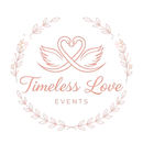 Logo for Timeless Love Events, featuring intertwined swans forming a heart, surrounded by floral wreath, in pink.