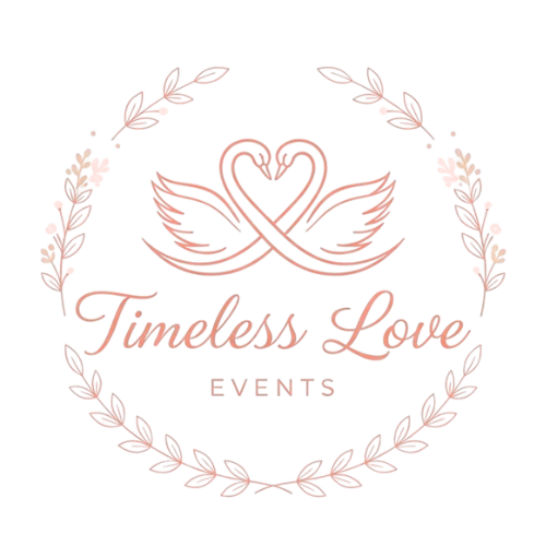 Logo for Timeless Love Events, featuring intertwined swans forming a heart, surrounded by floral wreath, in pink.