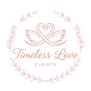 Logo for Timeless Love Events, featuring intertwined swans forming a heart, surrounded by floral wreath, in pink.