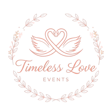 Logo for Timeless Love Events, featuring intertwined swans forming a heart, surrounded by floral wreath, in pink.