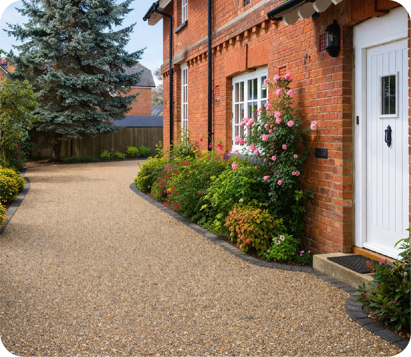 A gravel driveway leads to the white front door of a red brick house, bordered by flowering bushes and a pine tree.