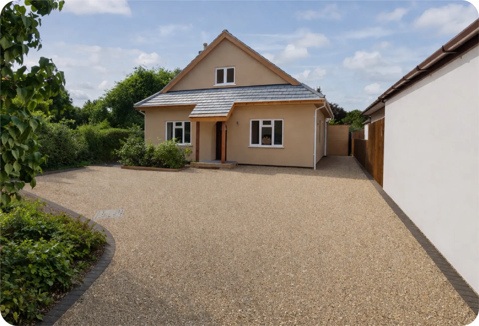 A beige house with a gravel driveway, a small front porch, and a white side wall under a partly cloudy sky.