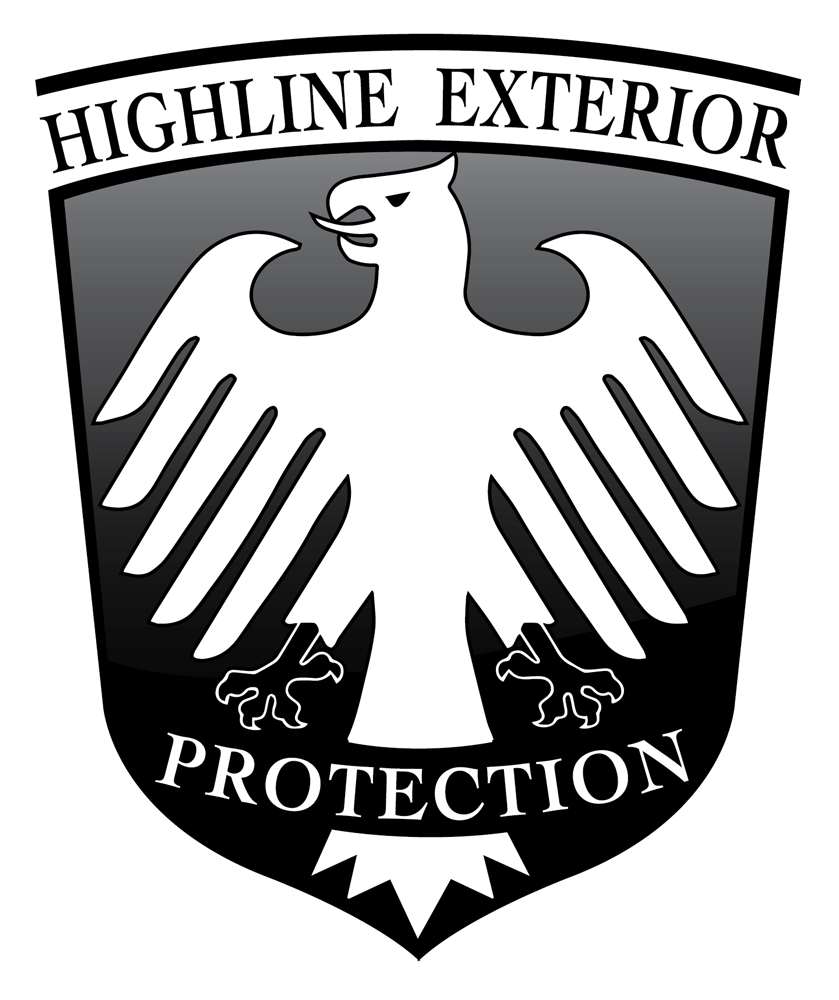 Logo for Highline Exterior Protection: white eagle on a black shield, with "Highline Exterior" and "Protection" in white.