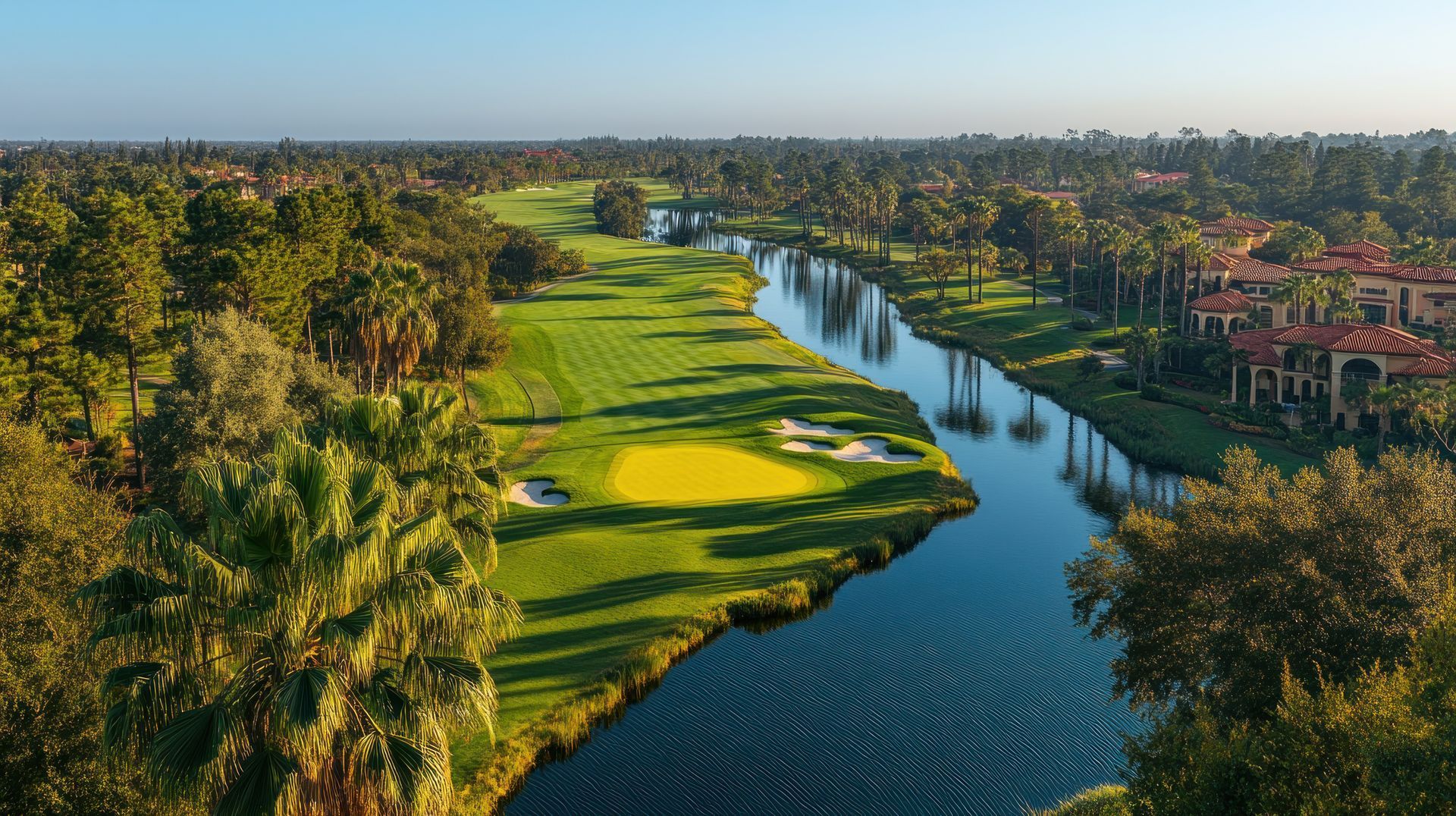 Aerial view of a golf course with a green fairway, yellow sand traps, and a blue river surrounded by trees.