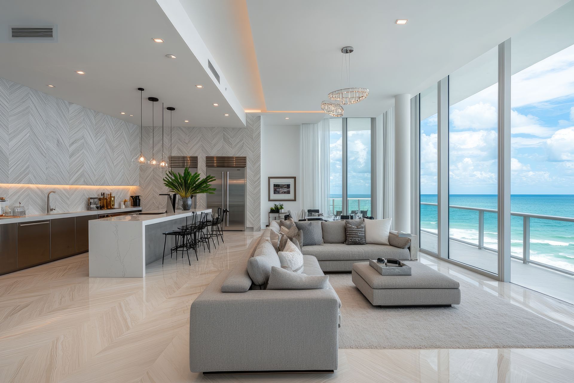 Luxurious living room overlooking the ocean, with neutral colors, modern furniture, and large windows.