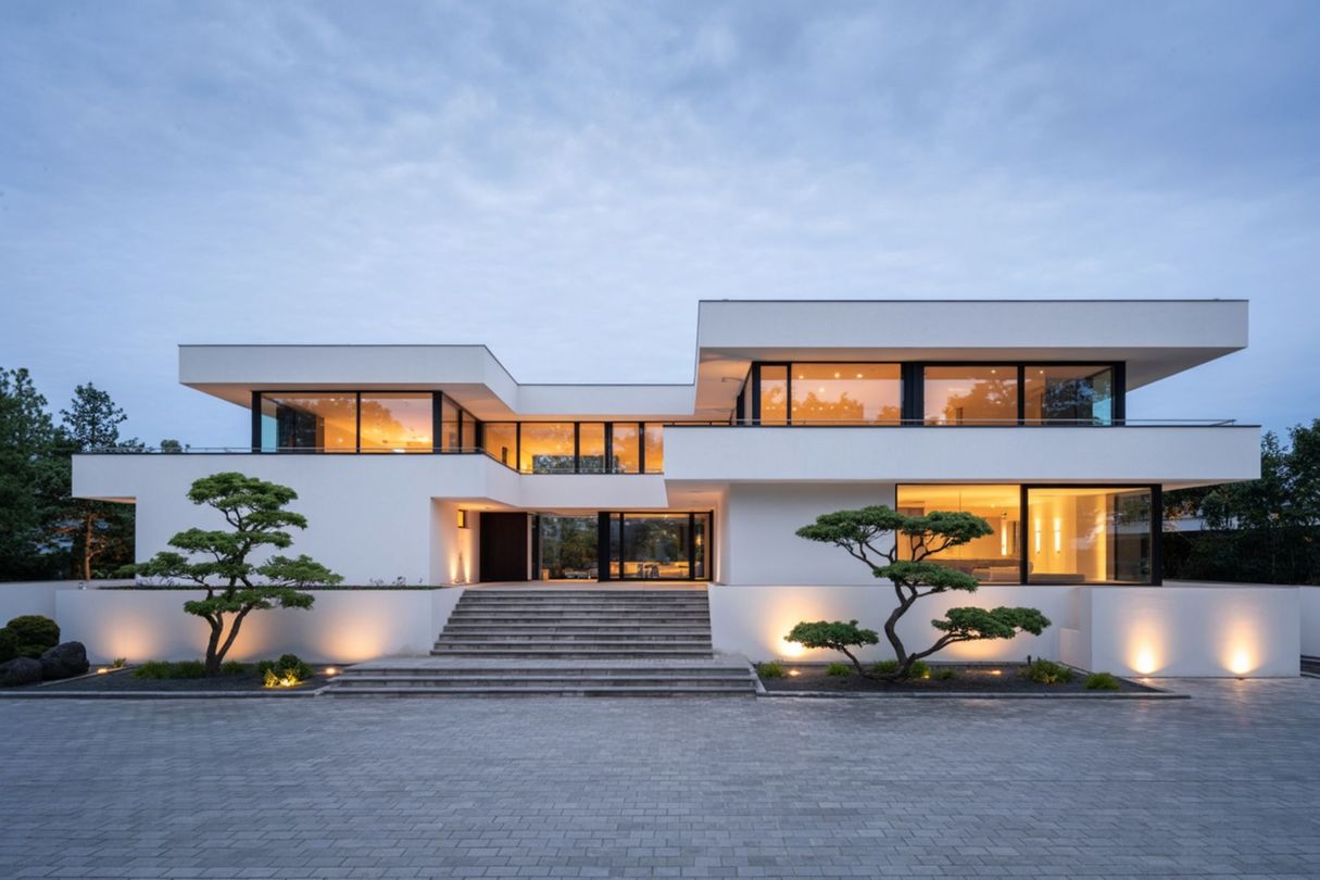 Modern white two-story house with large windows, illuminated at dusk. Landscaping and stone walkway in front.