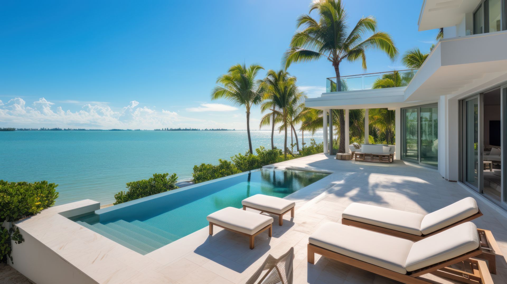 Poolside view of a modern white villa overlooking a turquoise ocean under a bright blue sky with palm trees.