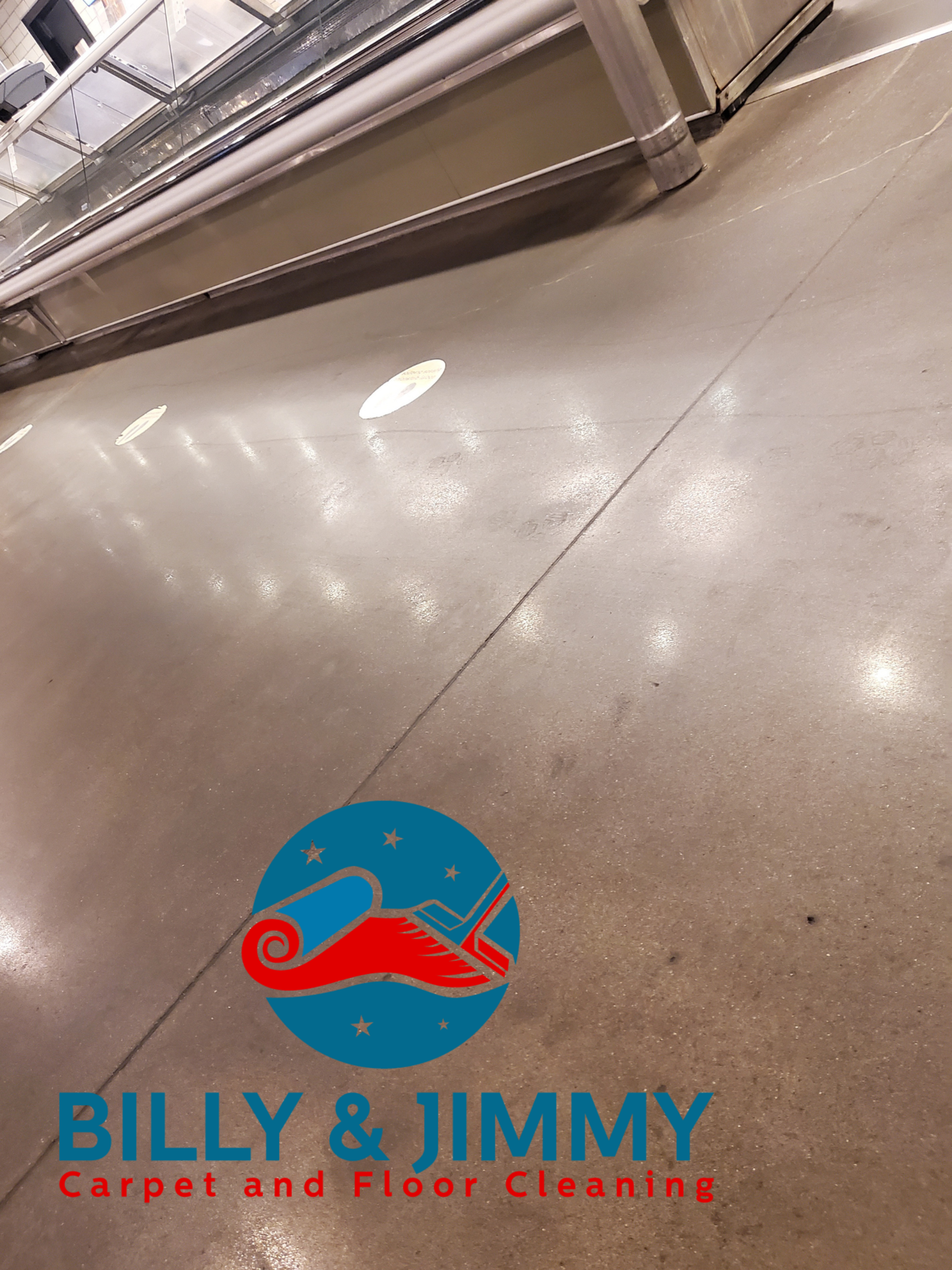 billy and jimmy carpet and floor cleaning logo on a concrete floor