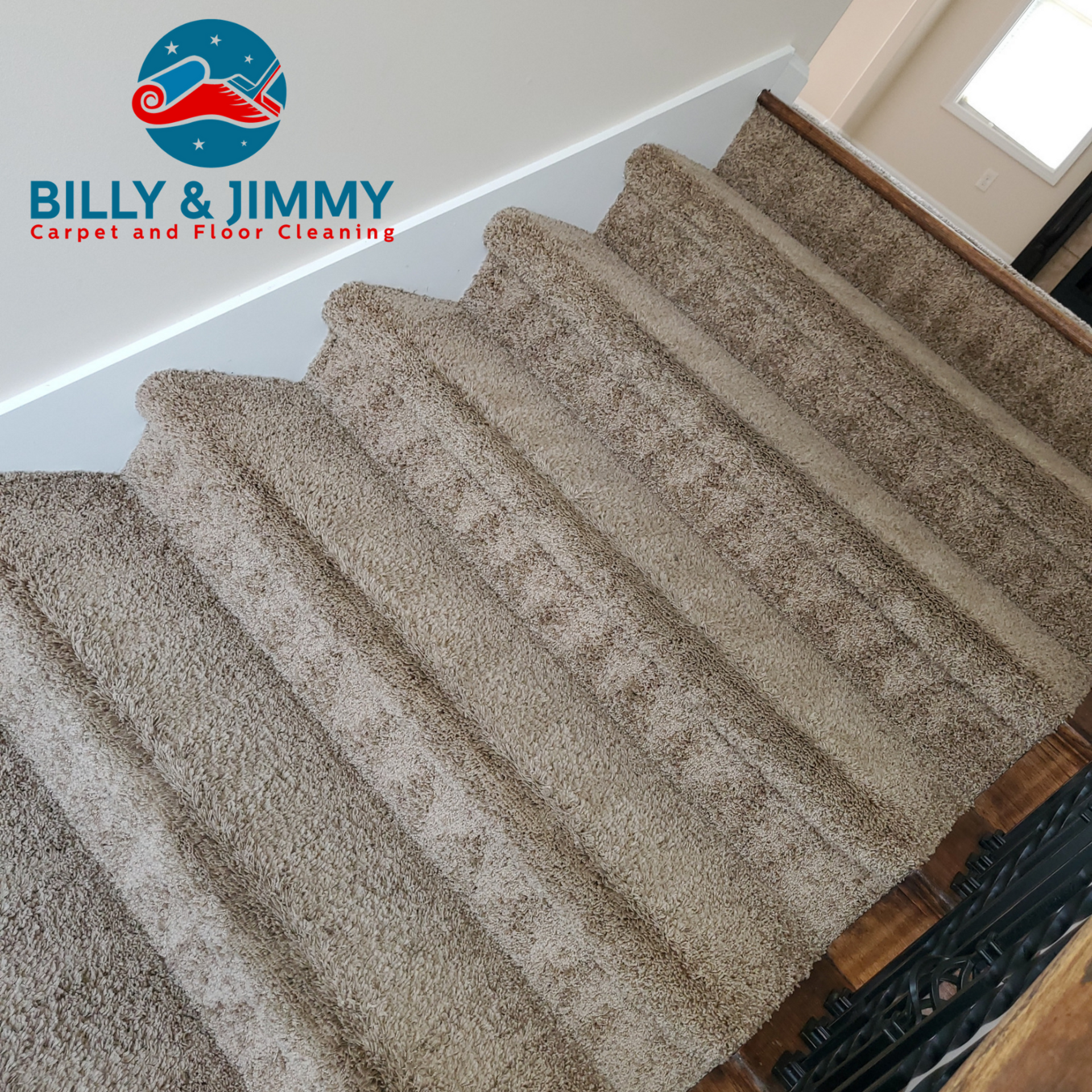 billy and jimmy carpet and floor cleaning has a logo on the stairs