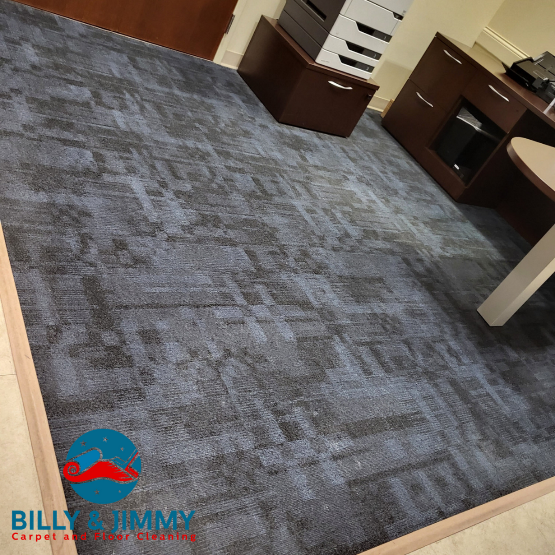 a carpeted floor with a billy jimmy logo on it