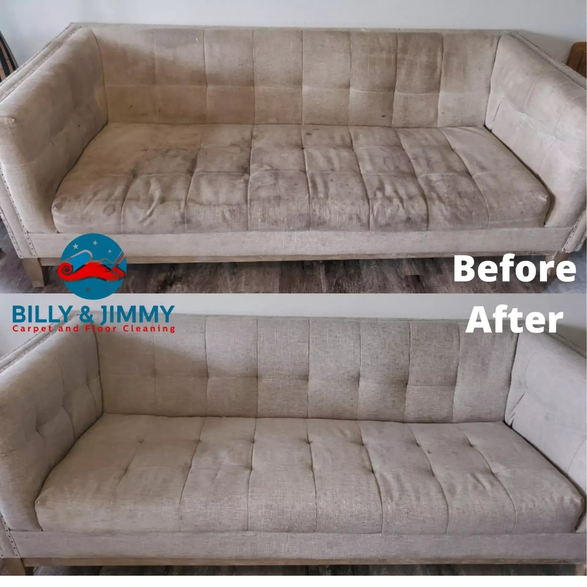 a couch before and after being cleaned by billy and jimmy