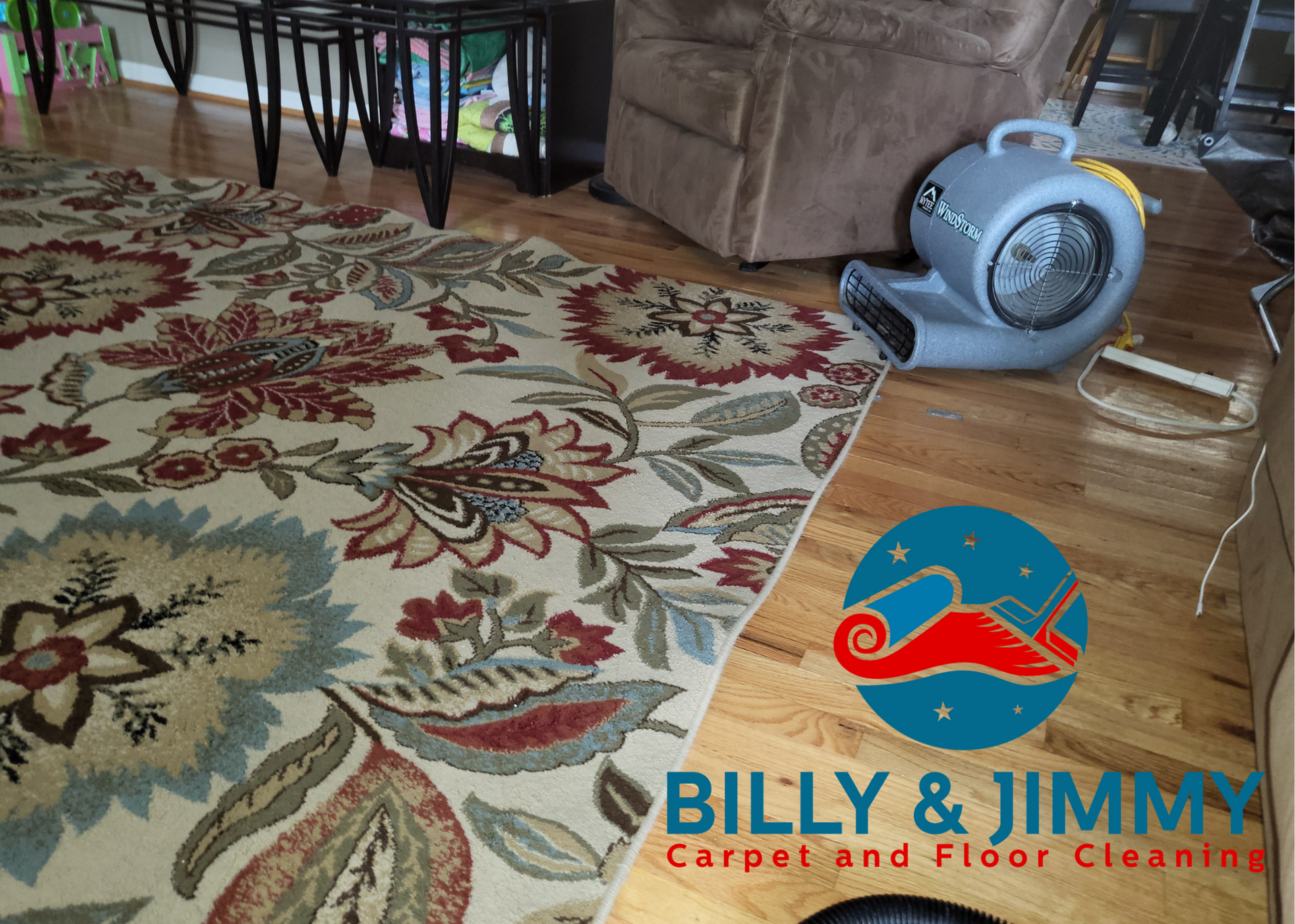 billy and jimmy carpet and floor cleaning logo on a rug