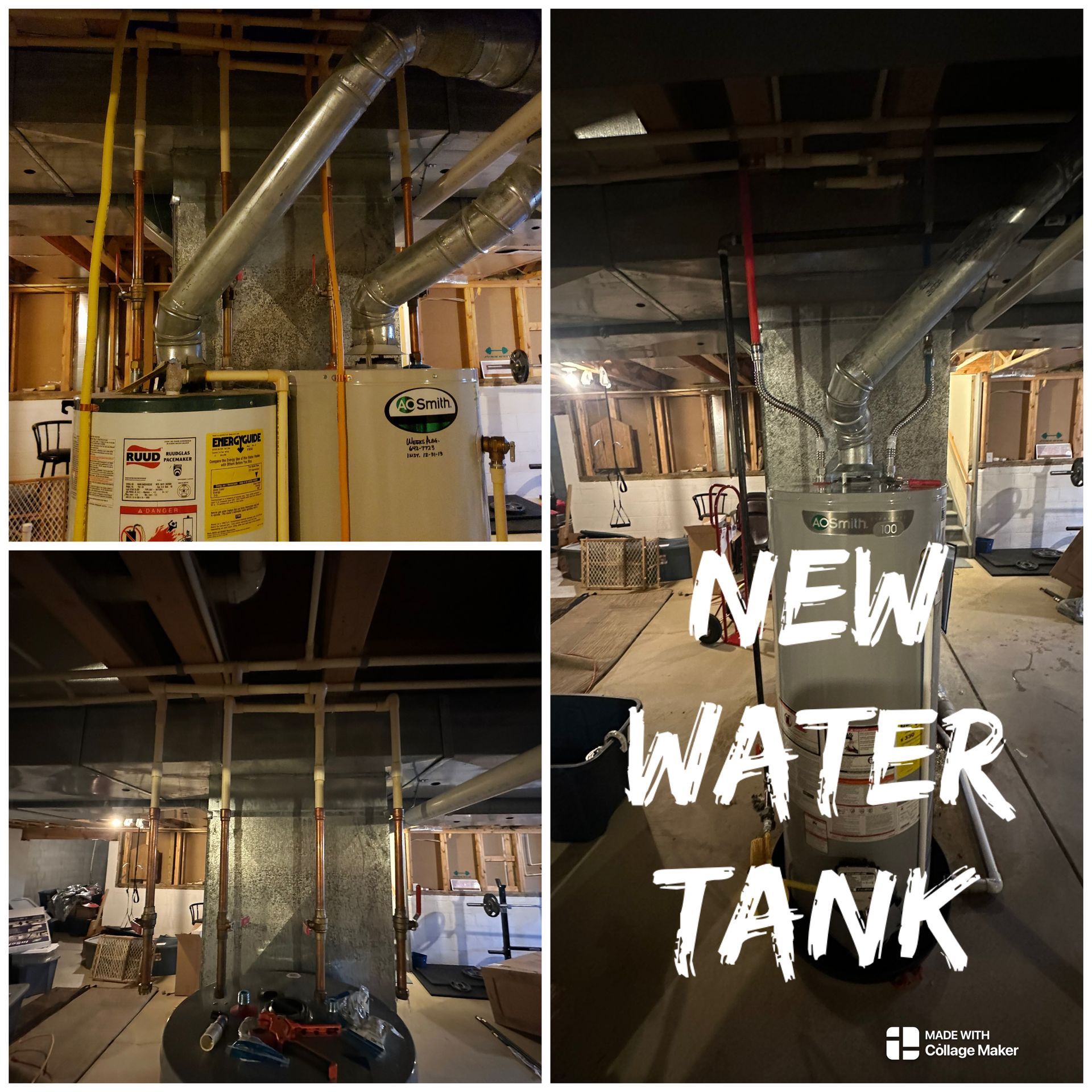 A new water tank is being installed in a basement