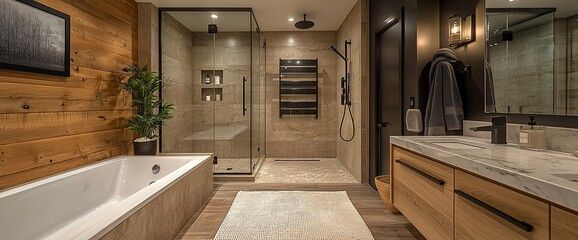 Bathroom with wood paneling, shower, bathtub, and vanity with marble countertop.