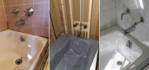 Three images of bathtubs in different stages of renovation.