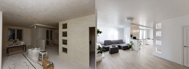 Before and after living room renovation, showing changes from construction to a modern, furnished space.