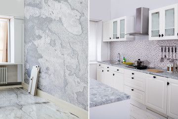 Room renovation: before and after. Left, damaged wall/floor. Right, bright white kitchen with countertops.