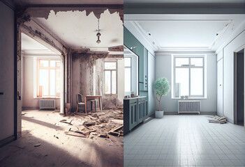Room undergoing renovation: before (left) and after (right).  Dusty, damaged left side; clean, renovated right side.