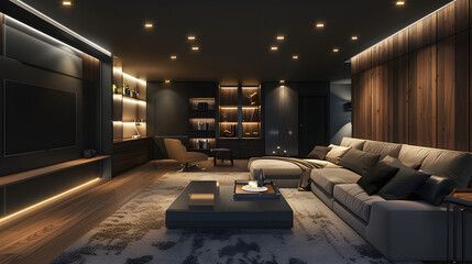 Modern, dark-toned living room with a large sofa, built-in shelving, and a TV. Warm lighting contrasts with the dark walls.