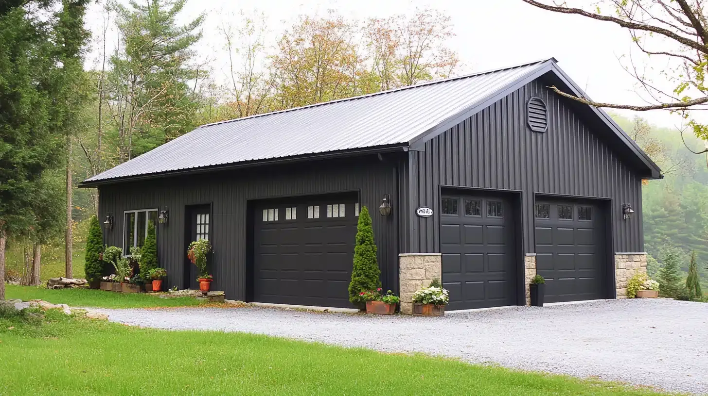 Black garage with two bays, a door, and small stone accents, on a grassy drive.