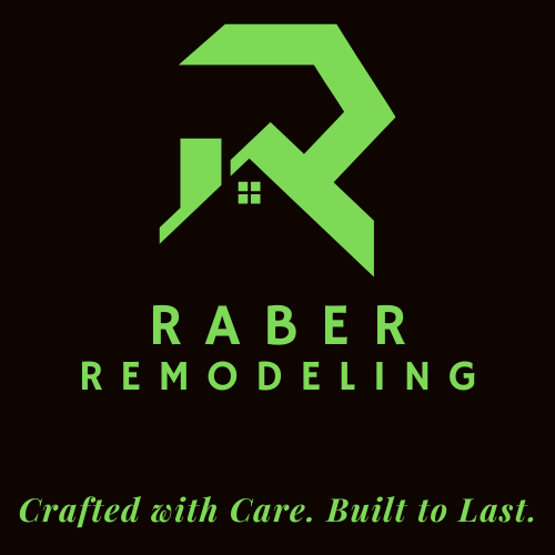 Green "R" house logo for Raber Remodeling; black background. "Crafted with Care, Built to Last" at bottom.
