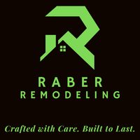 Green "R" house logo for Raber Remodeling; black background. "Crafted with Care, Built to Last" at bottom.