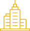 Golden illustration of a tall office building with multiple floors, representing a city.