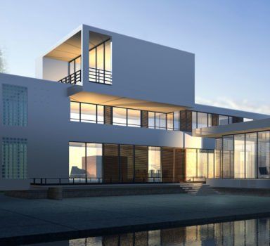Modern white building with large glass windows and water feature.