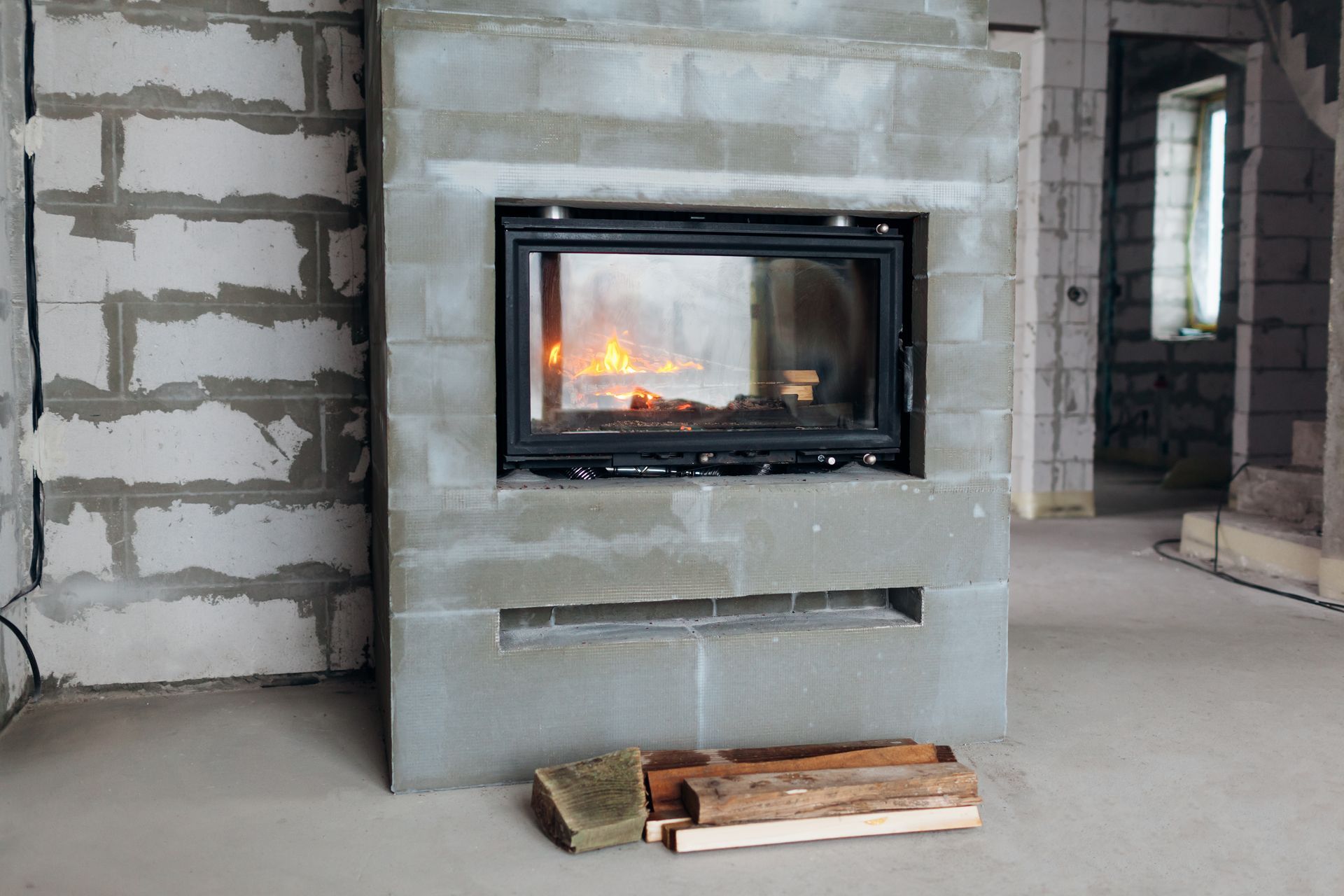 Modern black fireplace with burning fire set in a gray block wall of a home under construction